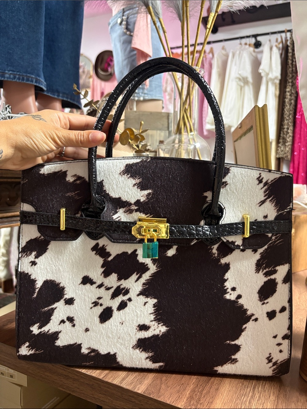 Black & White Cowhide Tote Handbag with Gold Hardware